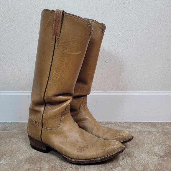 VTG Lucchese Boots 11.5 Tan Royal Calf Leather Ranch Military 70s 80s Stovepipe - Picture 1 of 16
